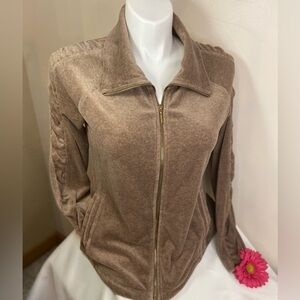Calvin Klein Performance~Tan Velour Jacket~Zip-Up~Arm Ruching~Pockets~Size L